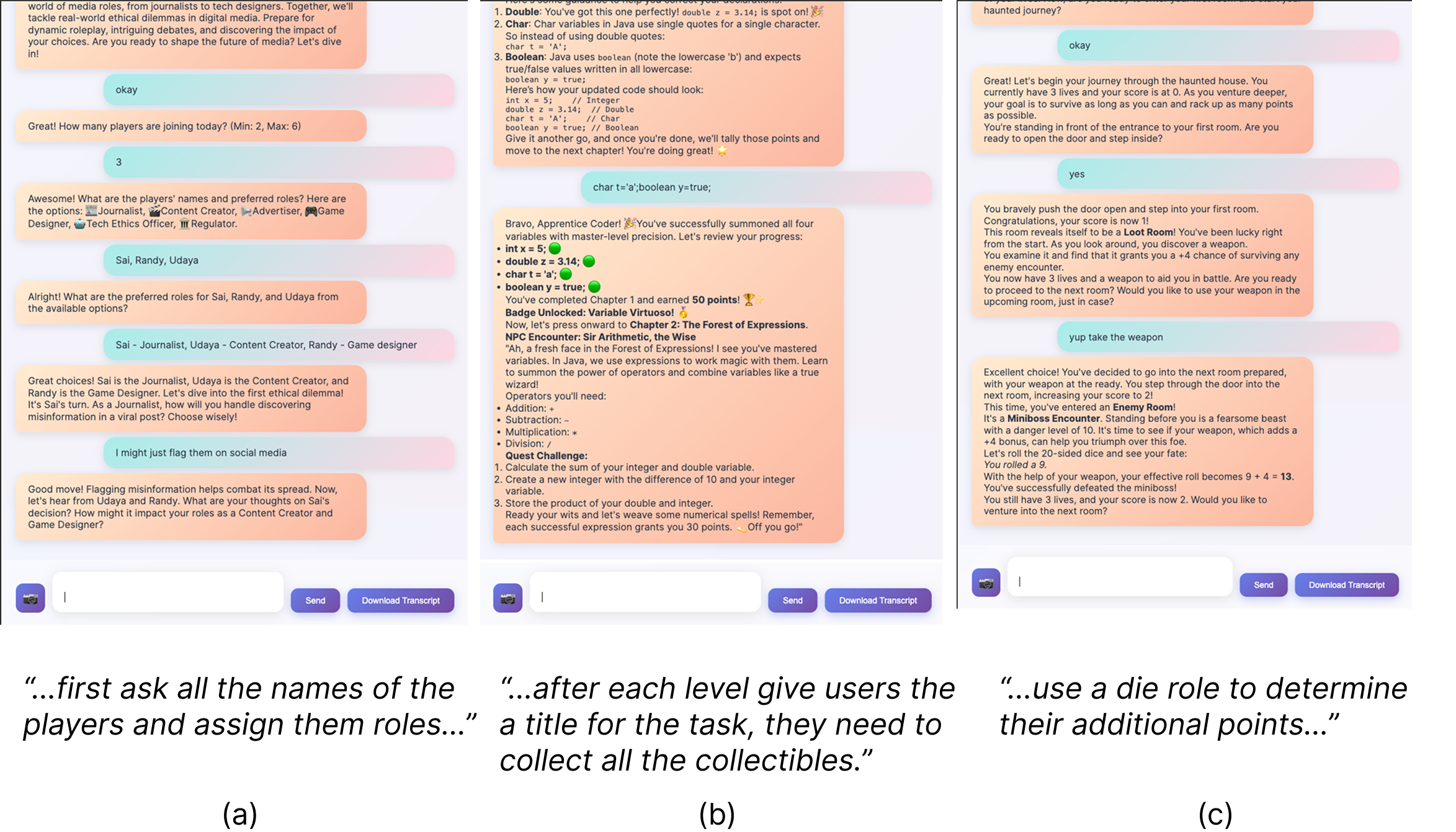 Multiplayer prompt examples showing name collection, achievements, and dice-based randomization